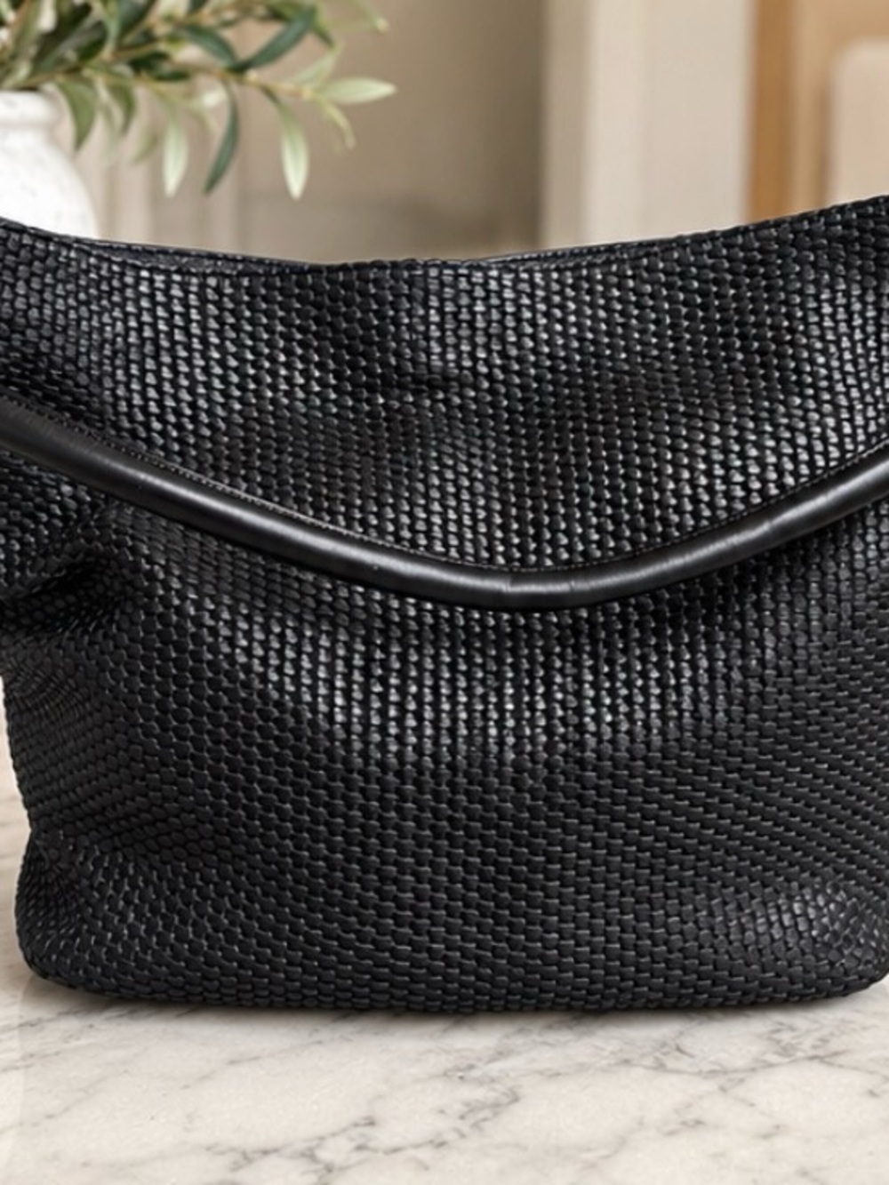 Cole Haan Isabella Woven Leather Handbag Black Gold Hardware Slouchy